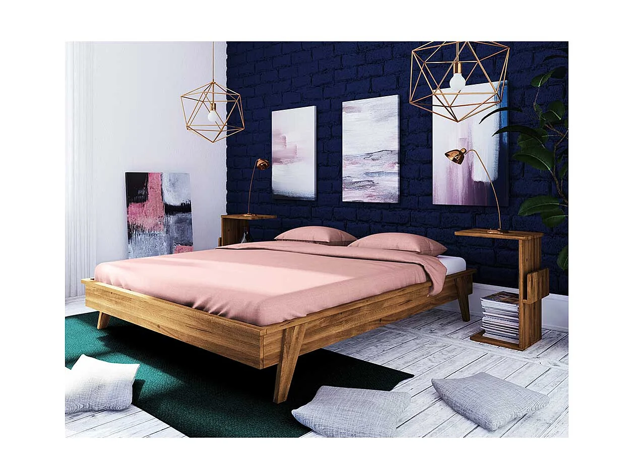 Retro Bett aus Wildeiche Massivholz Kopfteil (dreiteilig)