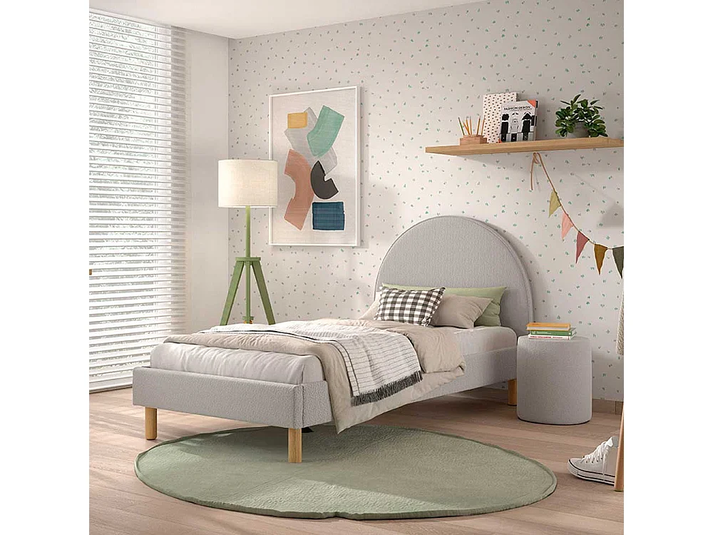 Polsterbettgestell Skandi aus Boucle Stoff Vierfußgestell aus Holz