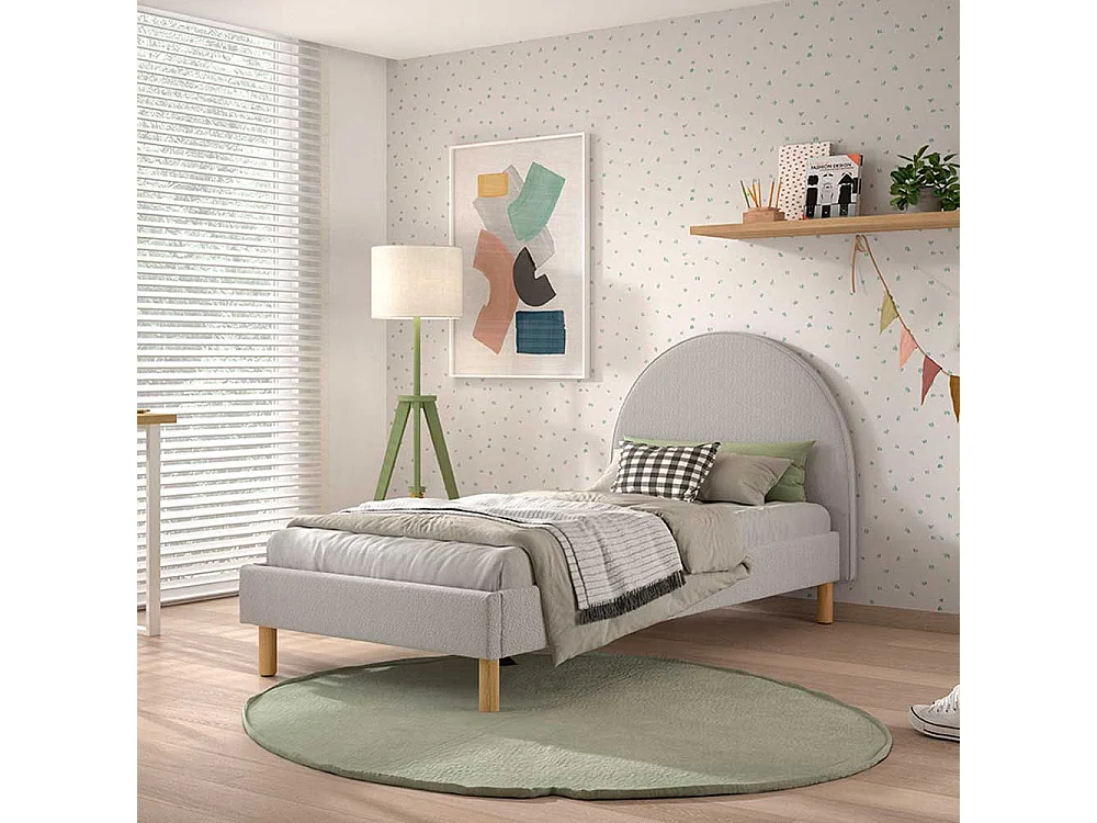 Polsterbettgestell Skandi aus Boucle Stoff Vierfußgestell aus Holz