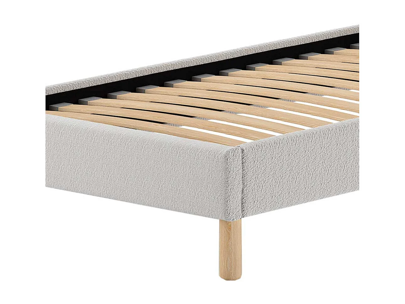 Polsterbettgestell Skandi aus Boucle Stoff Vierfußgestell aus Holz