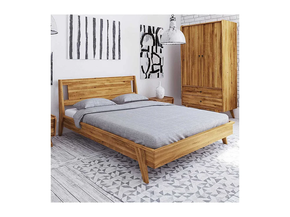 Niedriges Bett aus Wildeiche Massivholz Retro Design