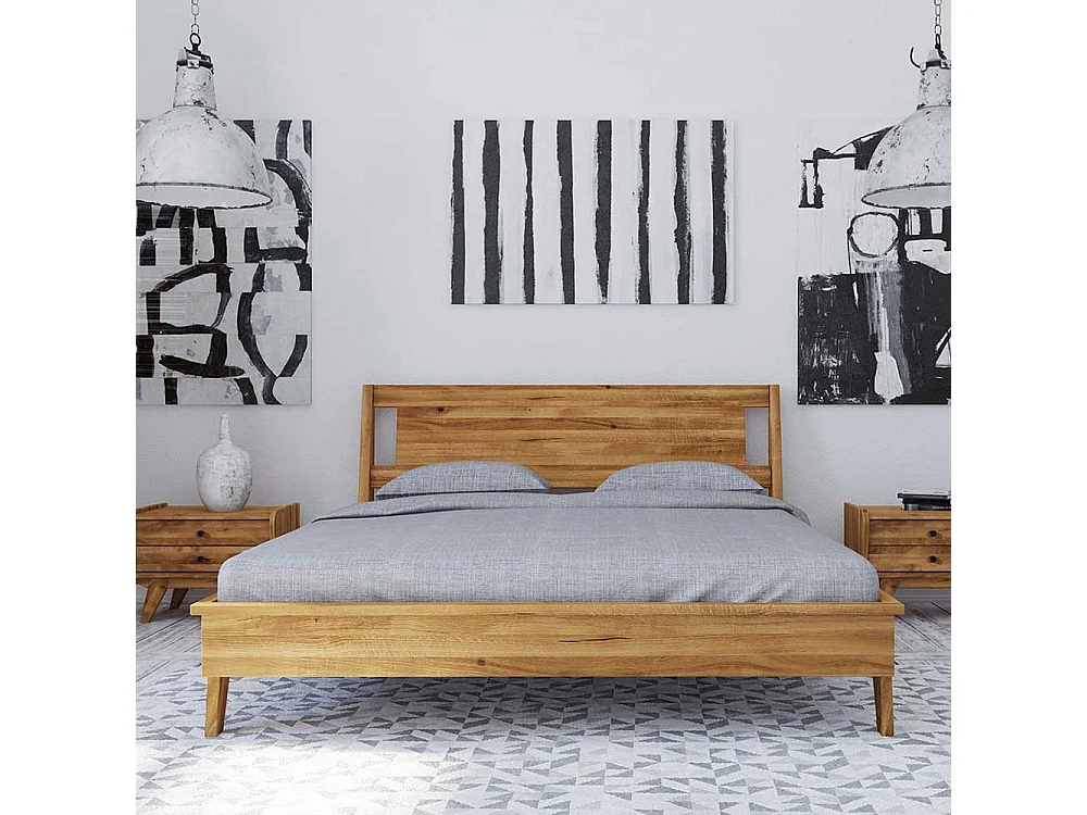 Niedriges Bett aus Wildeiche Massivholz Retro Design