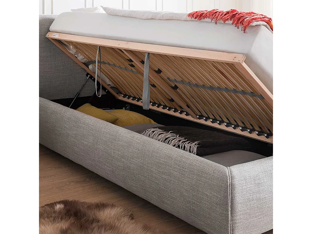 Bettgestell in Hellgrau Webstoff Bettkasten