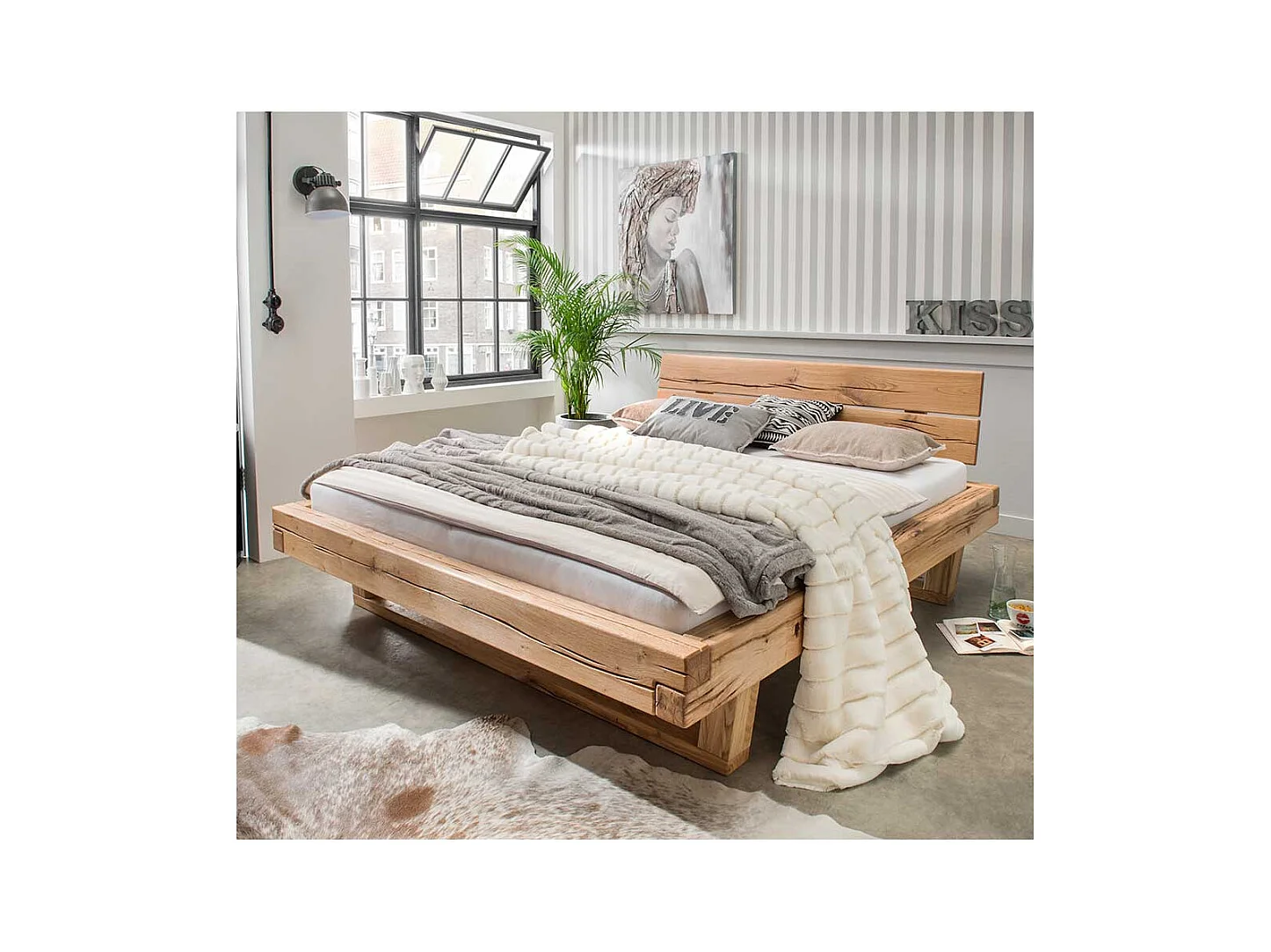 Balkenbett mit Kopfteil aus Wildeiche Massivholz geölt