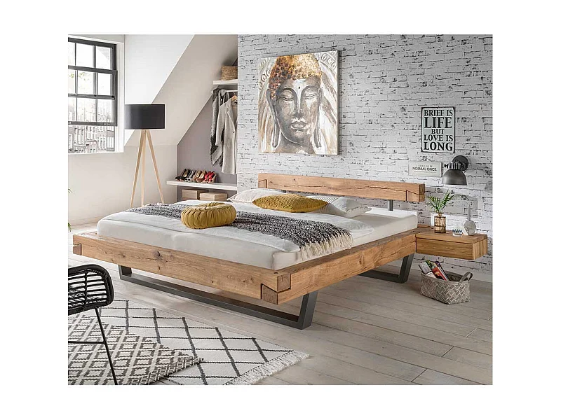 Wildeiche Balkenbett mit Nachtkonsolen Schwebeoptik (dreiteilig)