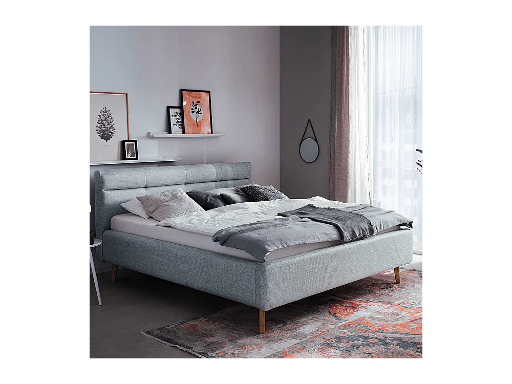 Gepolstertes Bett Grau Stoff mit Vierfußgestell aus Eiche Bettkasten