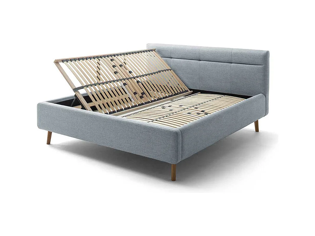 Gepolstertes Bett Grau Stoff mit Vierfußgestell aus Eiche Bettkasten