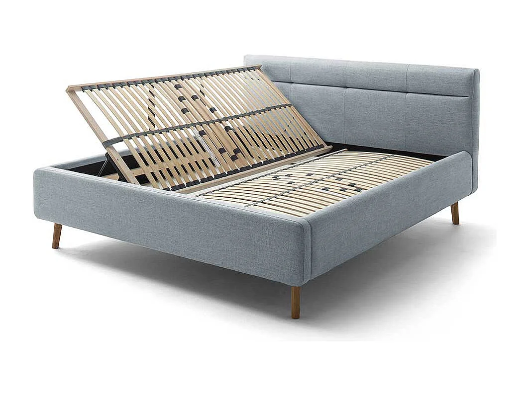 Gepolstertes Bett Grau Stoff mit Vierfußgestell aus Eiche Bettkasten