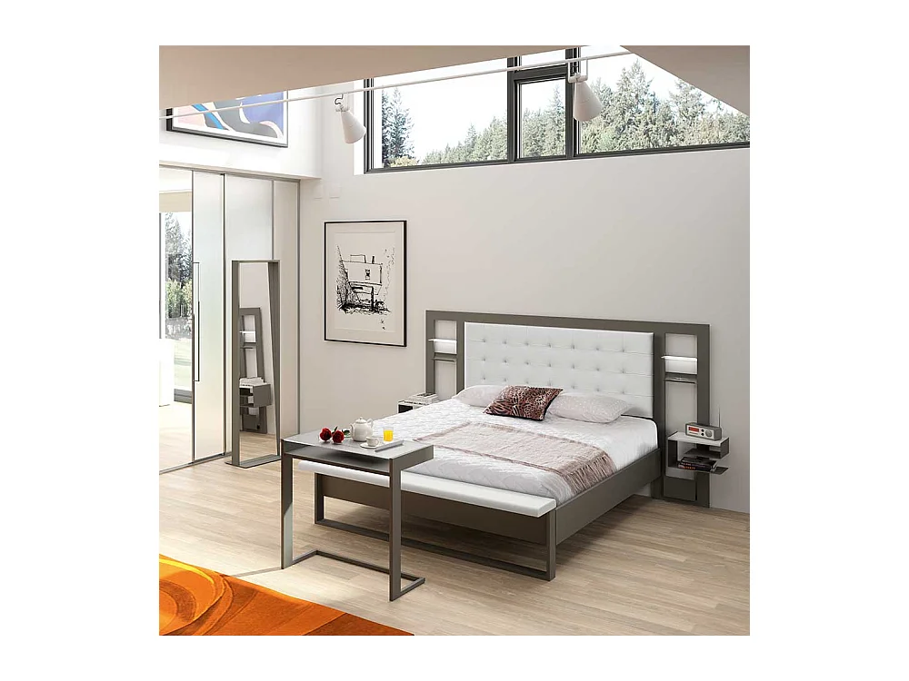 Metallbett mit Leselampe und Polsterkopfteil Grau Weiß