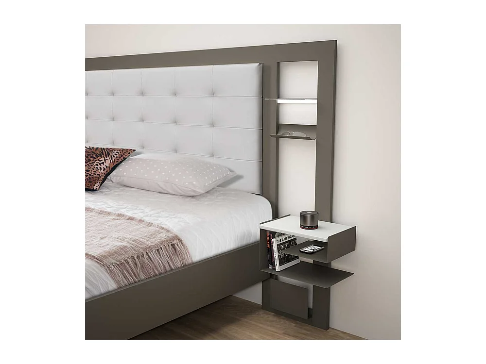 Metallbett mit Leselampe und Polsterkopfteil Grau Weiß