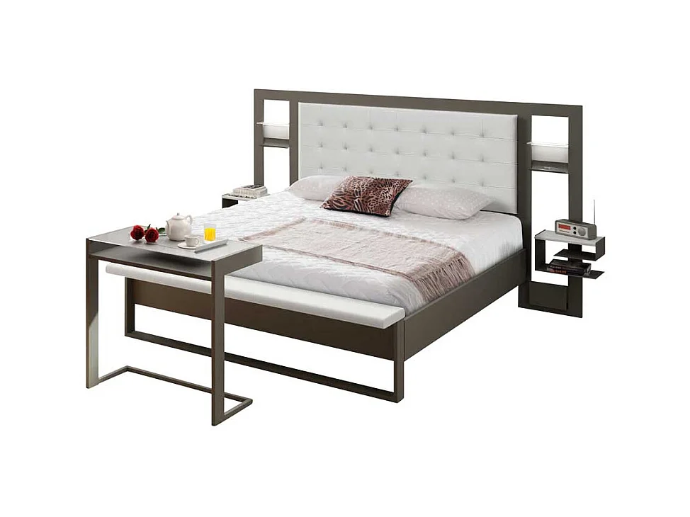 Metallbett mit Leselampe und Polsterkopfteil Grau Weiß
