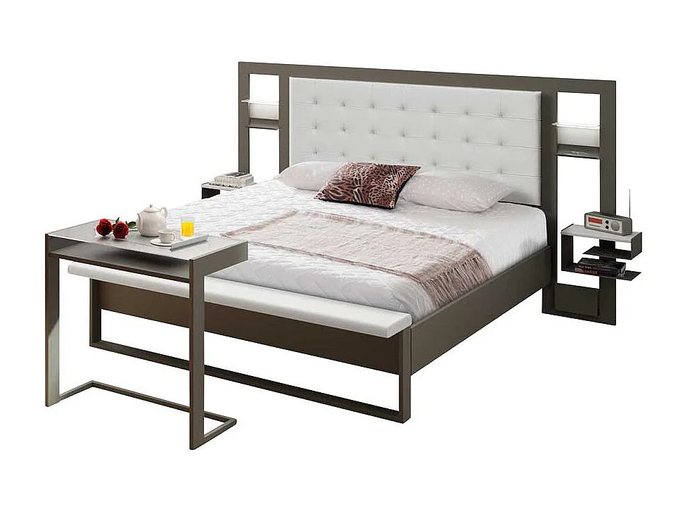 Metallbett mit Leselampe und Polsterkopfteil Grau Weiß