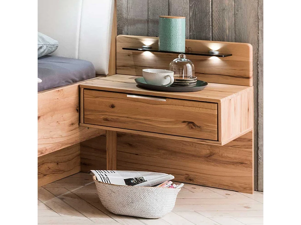 Doppelbett in Kernbuchefarben und Beige Massivholz und Kunstleder (dreiteilig)