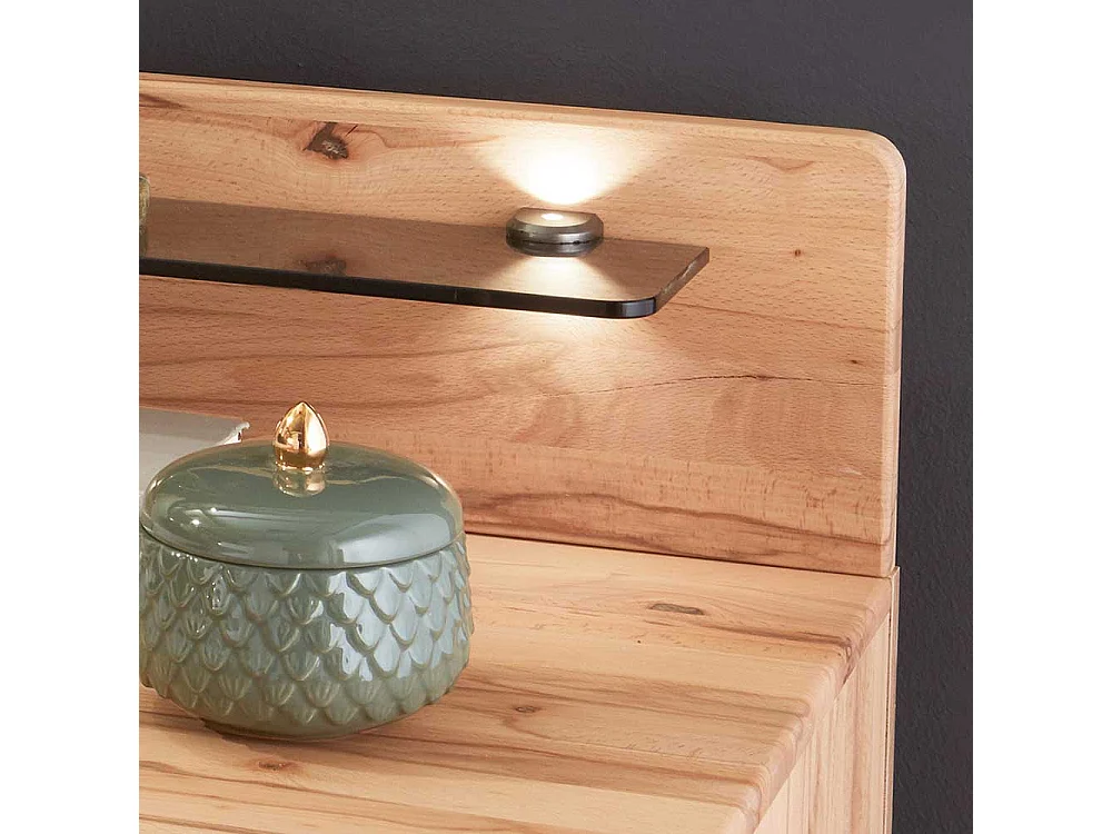 Doppelbett in Kernbuchefarben und Beige Massivholz und Kunstleder (dreiteilig)