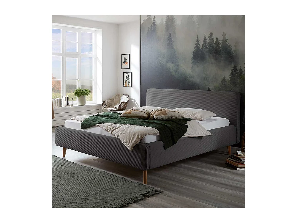 Graues Polsterbett mit Cord Bezug Vierfußgestell aus Holz