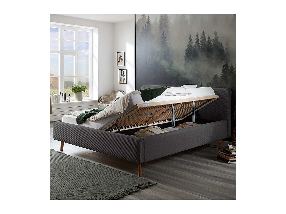 Graues Polsterbett mit Cord Bezug Vierfußgestell aus Holz