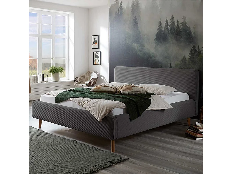 Graues Polsterbett mit Cord Bezug Vierfußgestell aus Holz