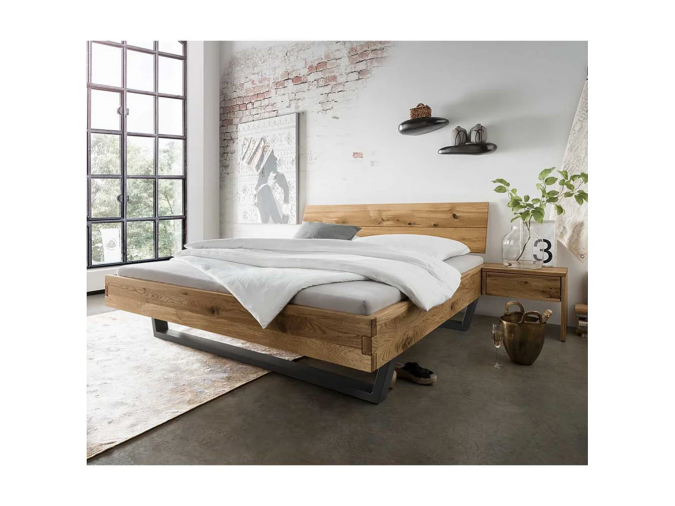 Massivholzbett Kombination mit Kufengestell aus Metall Industry Stil (dreiteilig)