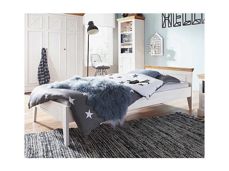 Bettgestell in Weiß und Eichefarben Kiefer Massivholz