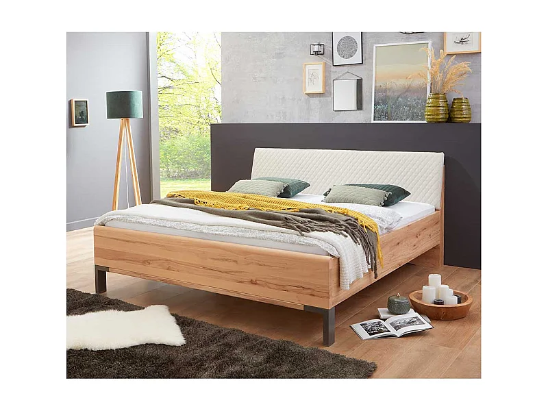 Doppelbett aus Kernbuche Massivholz Kunstleder in Beige