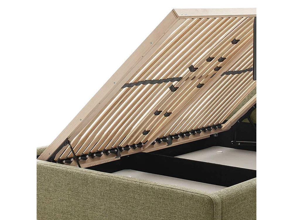 Gepolstertes Bett Skandi Grün mit Vierfußgestell aus Holz Eichefarben