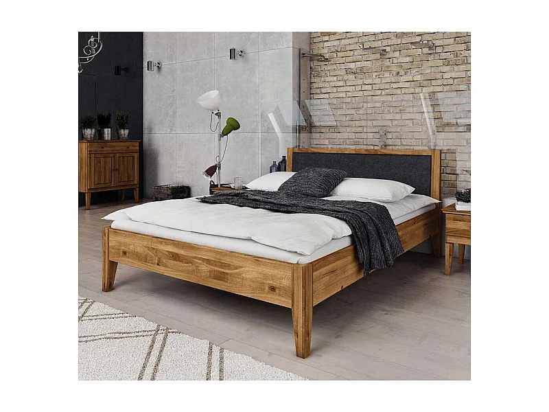 Naturholzbett aus Wildeiche Massivholz gepolstertem Kopfteil in Anthrazit