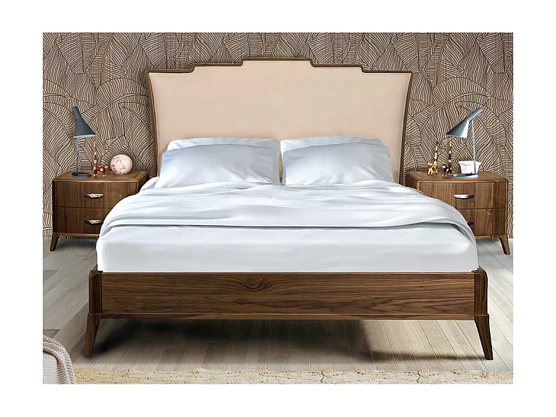 Exklusives Design Bett Nussbaum furniert gepolstertem Kopfteil in Beige (dreiteilig)