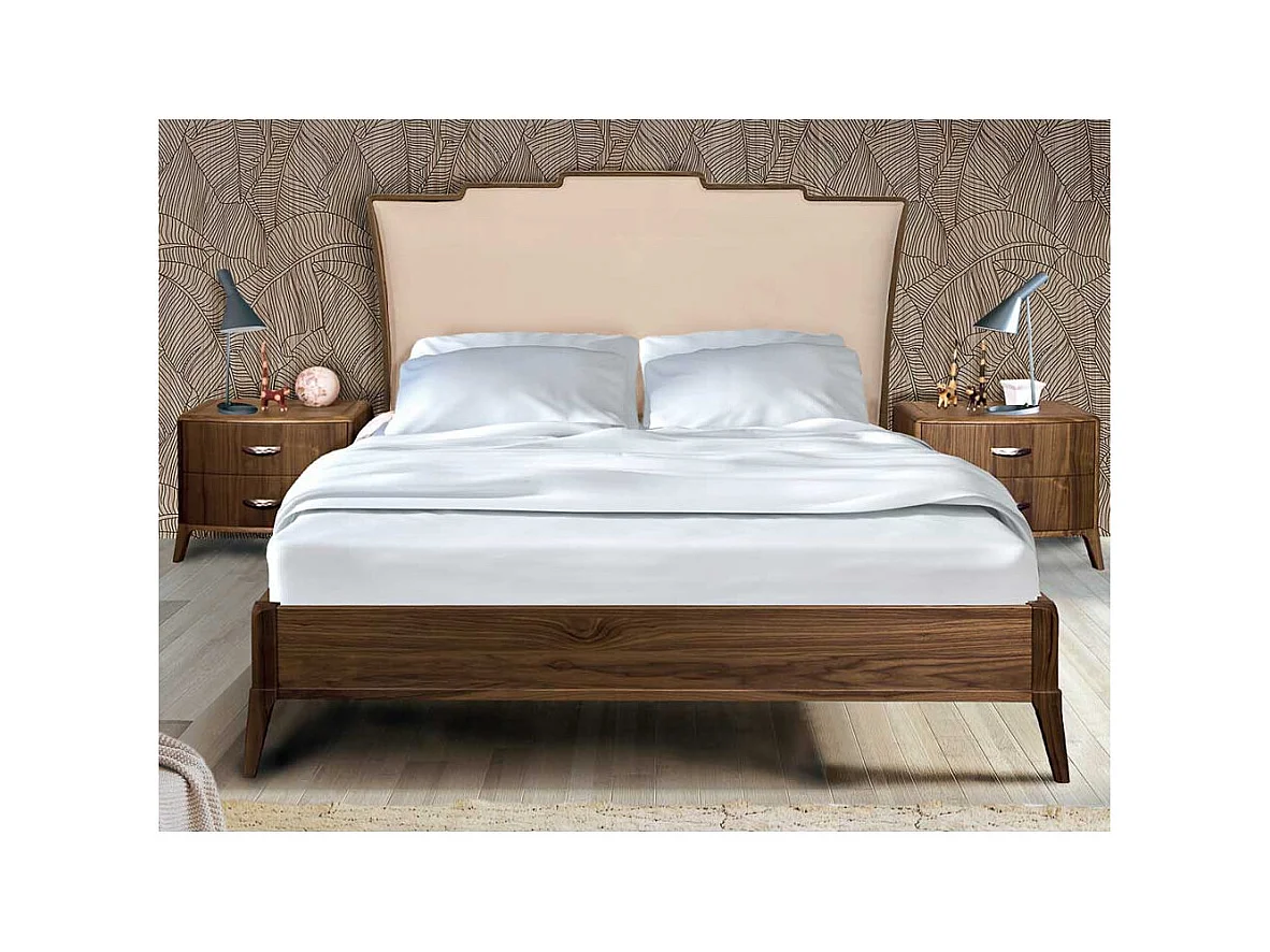 Exklusives Design Bett Nussbaum furniert gepolstertem Kopfteil in Beige (dreiteilig)