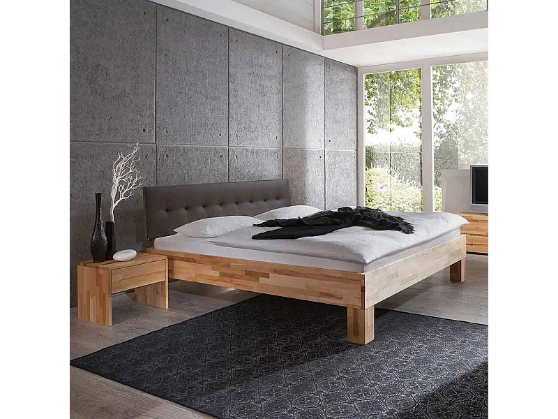 Massivholzbett mit gepolstertem Kopfteil in Dunkelbraun Kernbuche geölt