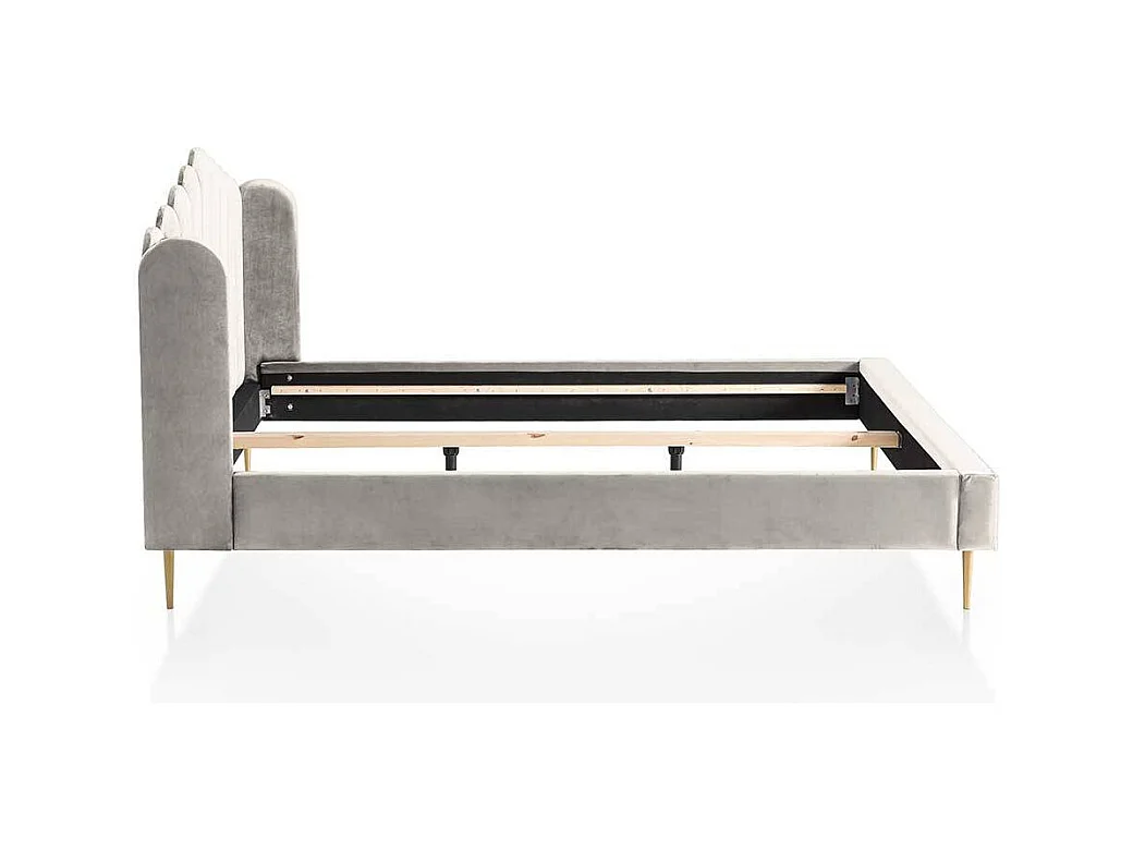 Samt Polsterbett in Beige Metallgestell Goldfarben