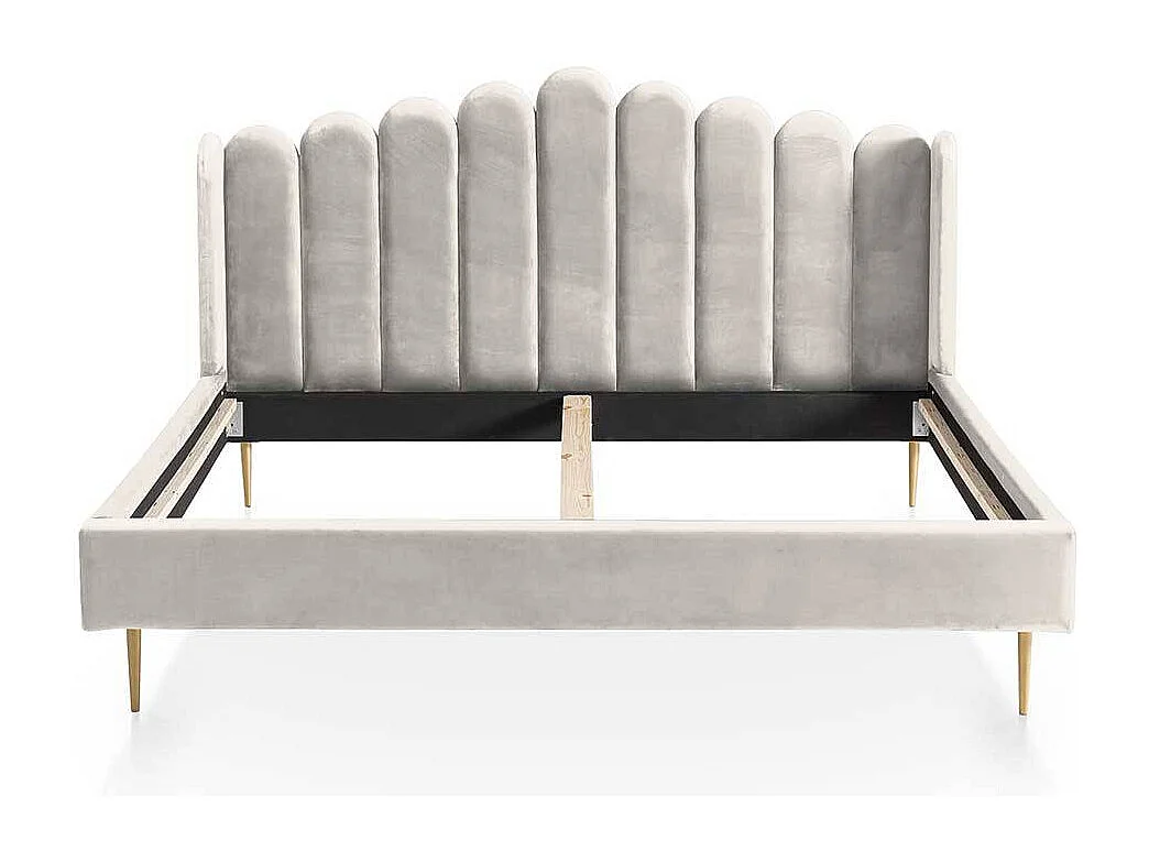 Samt Polsterbett in Beige Metallgestell Goldfarben