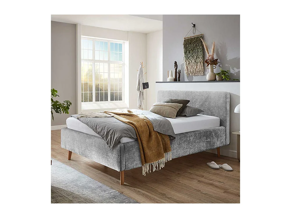 Polsterbett mit Bettkasten grau aus Boucle Stoff Eiche Massivholz