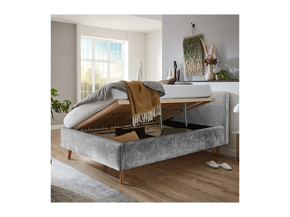 Polsterbett mit Bettkasten grau aus Boucle Stoff Eiche Massivholz