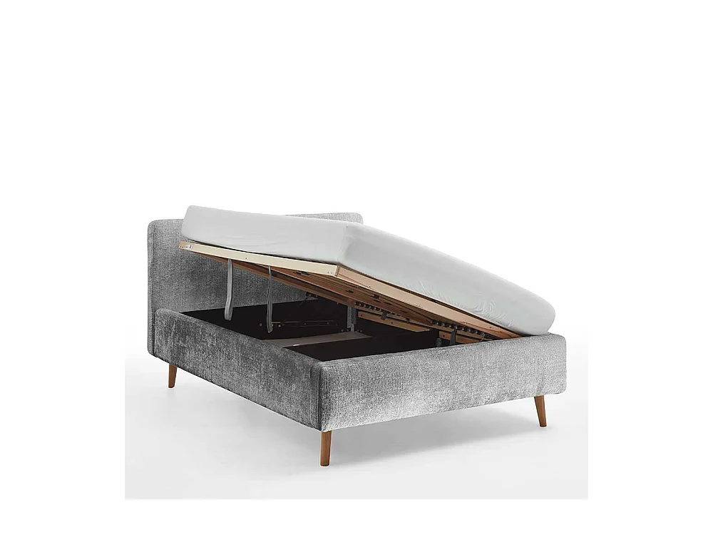 Polsterbett mit Bettkasten grau aus Boucle Stoff Eiche Massivholz