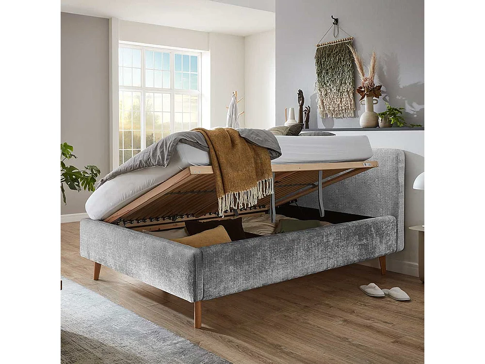 Polsterbett mit Bettkasten grau aus Boucle Stoff Eiche Massivholz