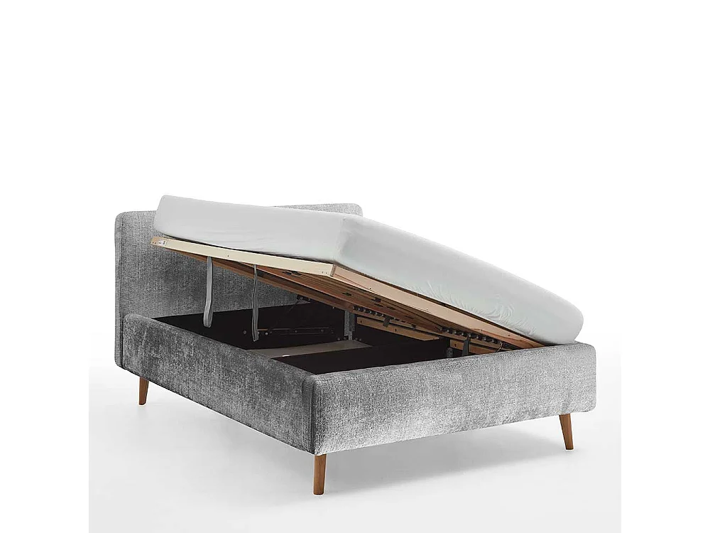 Polsterbett mit Bettkasten grau aus Boucle Stoff Eiche Massivholz