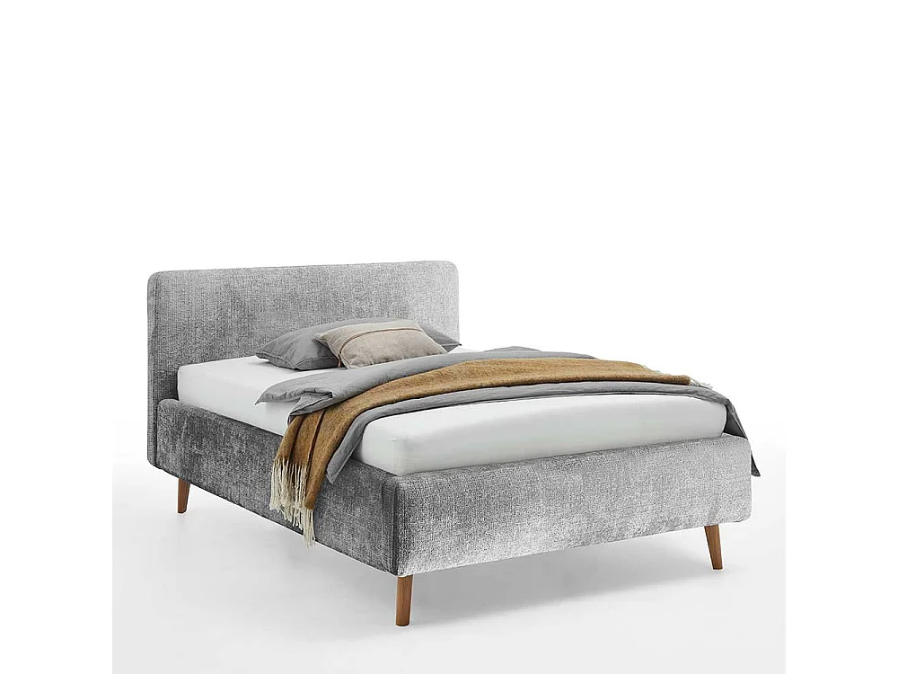 Polsterbett mit Bettkasten grau aus Boucle Stoff Eiche Massivholz