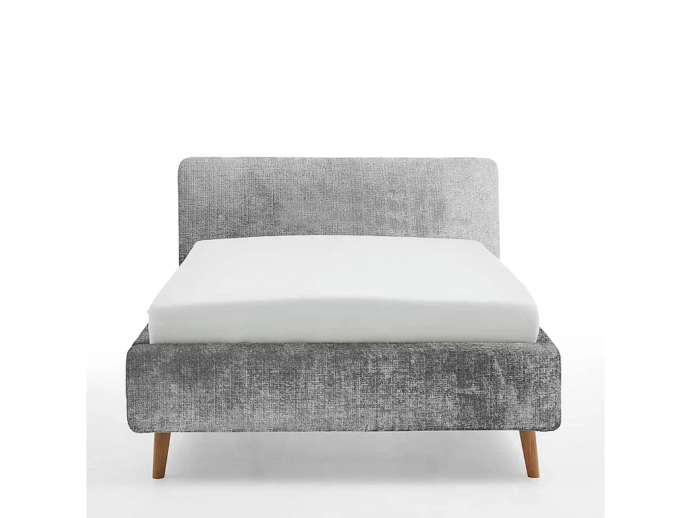 Polsterbett mit Bettkasten grau aus Boucle Stoff Eiche Massivholz