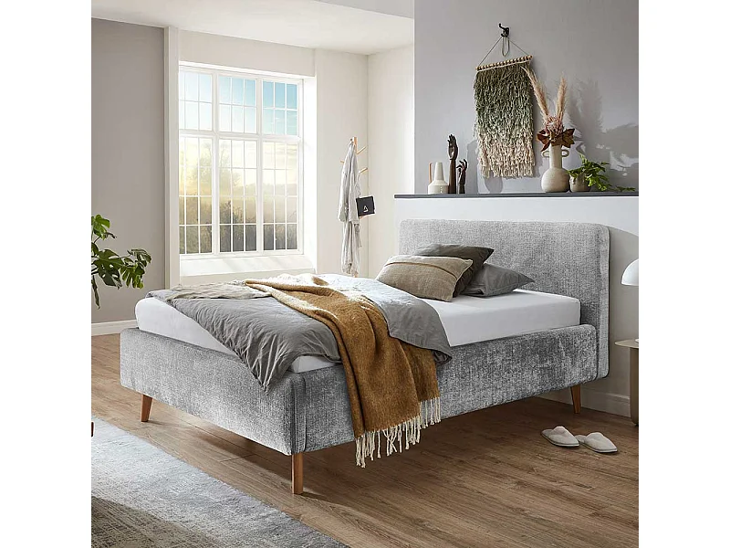Polsterbett mit Bettkasten grau aus Boucle Stoff Eiche Massivholz