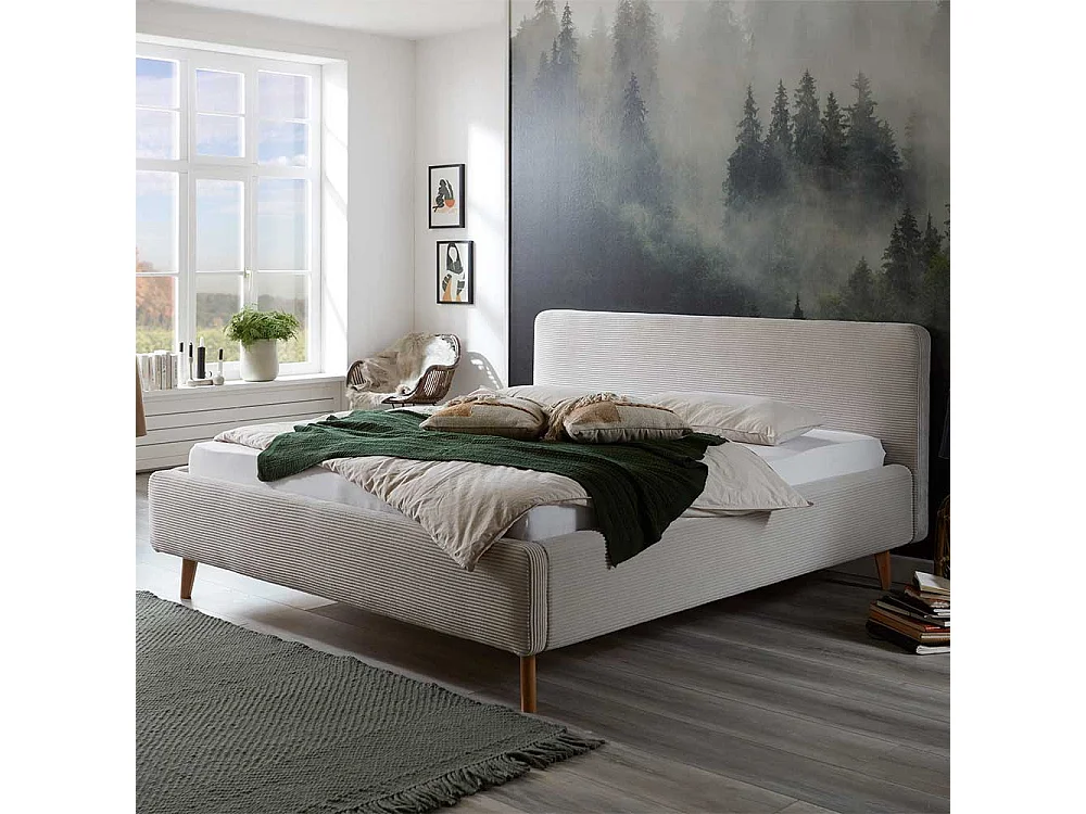 Polsterbett in Beige mit Cordbezug Vierfußgestell aus Holz