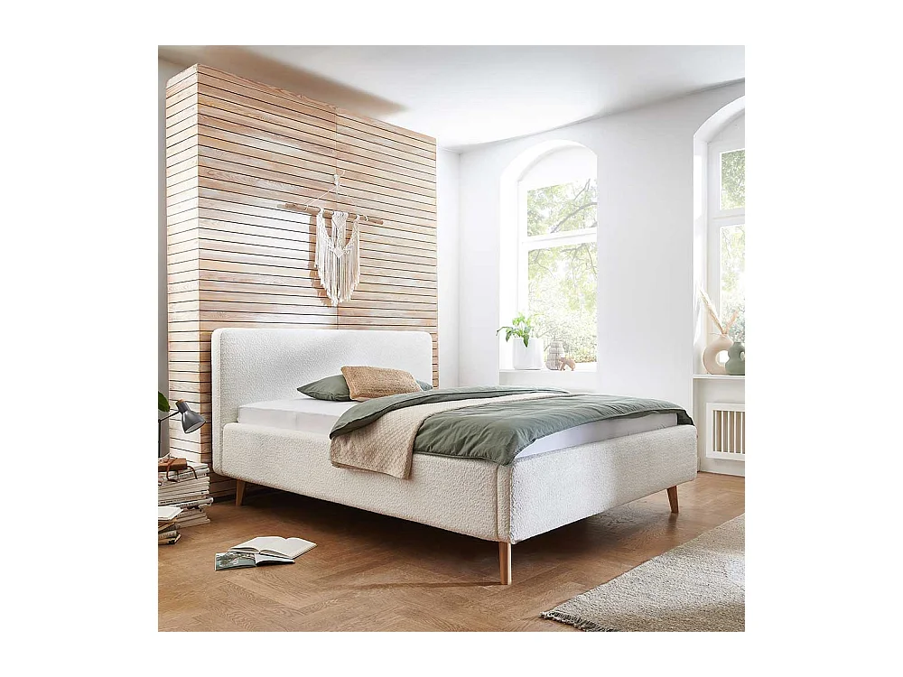 Polsterbett Cremeweiss aus Webplüsch Vierfußgestell aus Holz