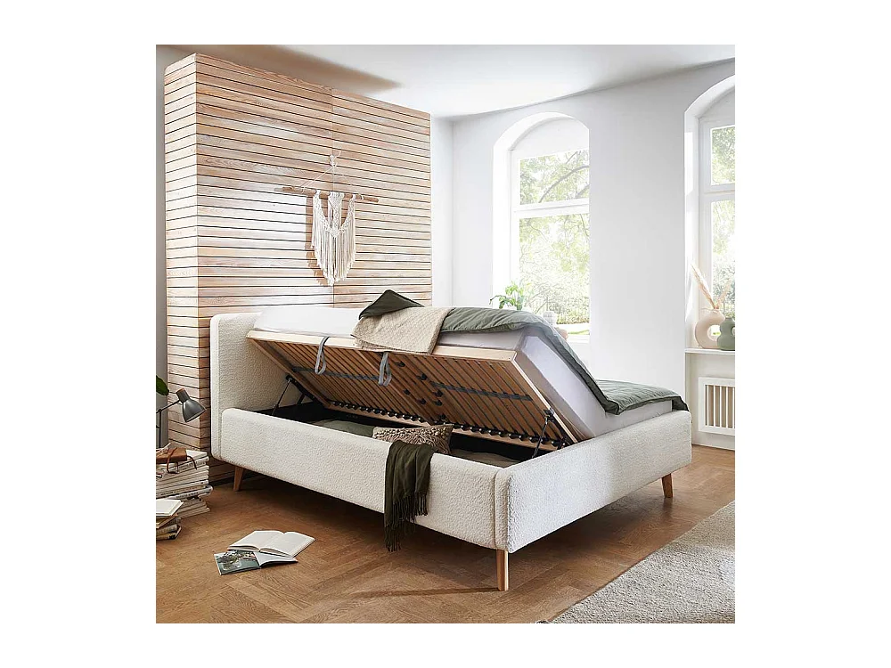 Polsterbett Cremeweiss aus Webplüsch Vierfußgestell aus Holz