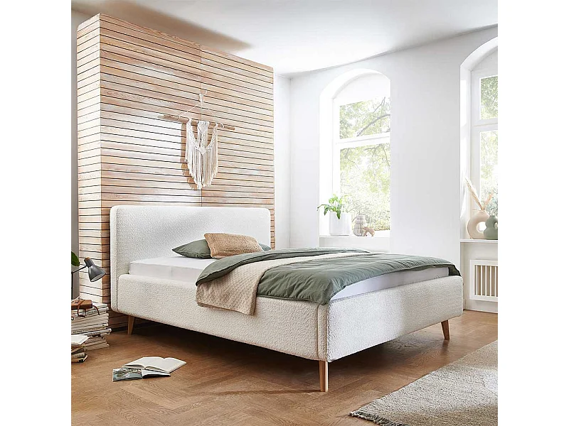 Polsterbett Cremeweiss aus Webplüsch Vierfußgestell aus Holz