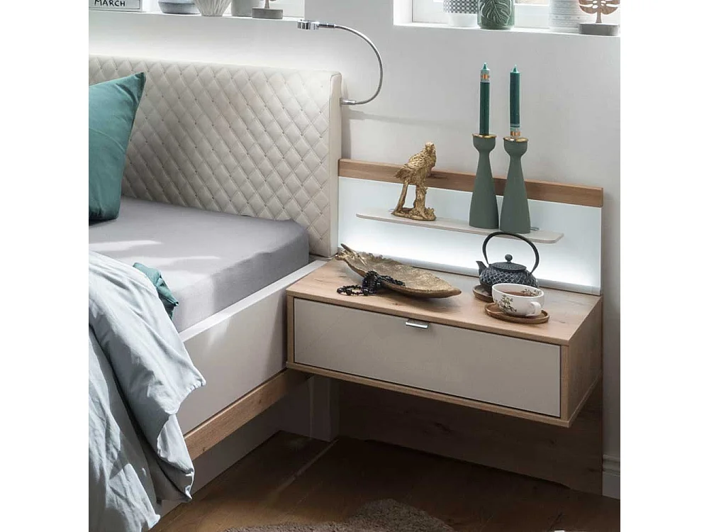 Doppelbett in Beige und Eiche Bianco LED Beleuchtung (dreiteilig)