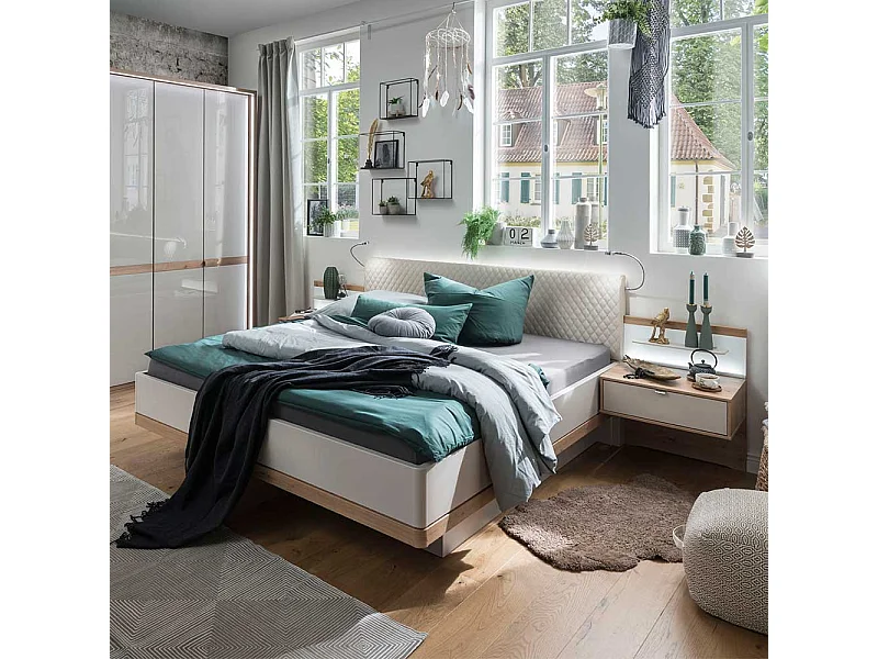 Doppelbett in Beige und Eiche Bianco LED Beleuchtung (dreiteilig)