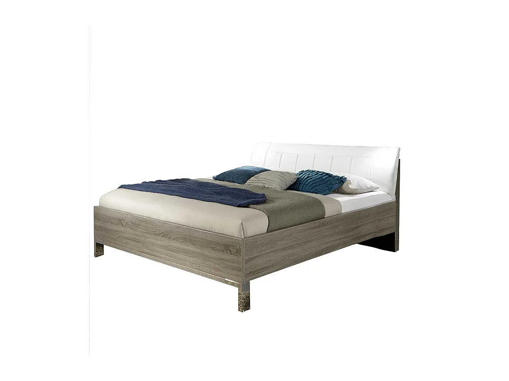 Bett mit Polsterkopfteil in Weiß Eiche