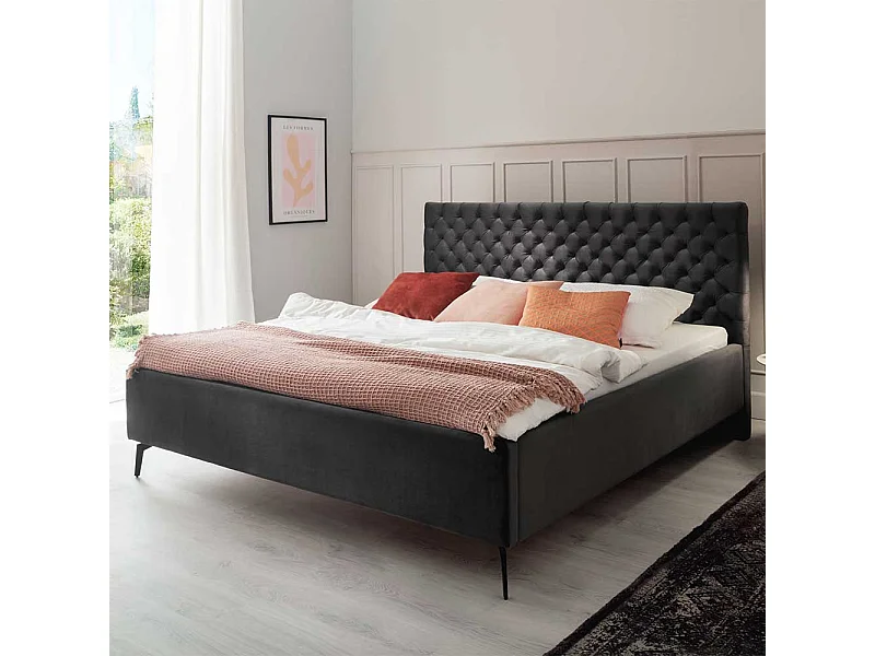 Polster Doppelbett Dunkelgrau aus Samt und Metall modernem Design