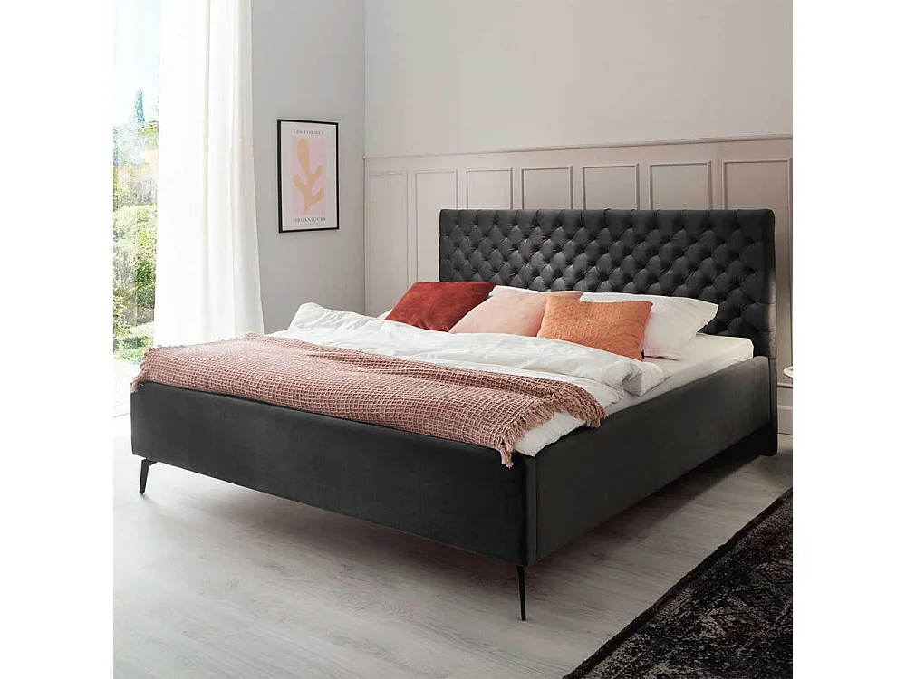 Polster Doppelbett Dunkelgrau aus Samt und Metall modernem Design