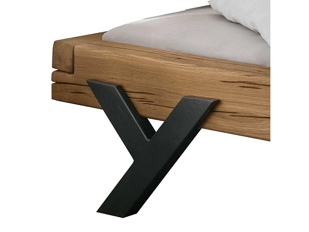 Naturholzbett massiv aus Wildeiche Y Gestell aus Metall