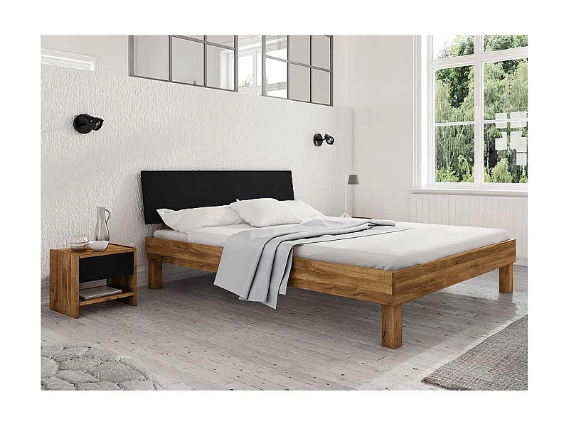 Ehebett aus Wildeiche teilmassiv Webstoff Kopfteil (dreiteilig)